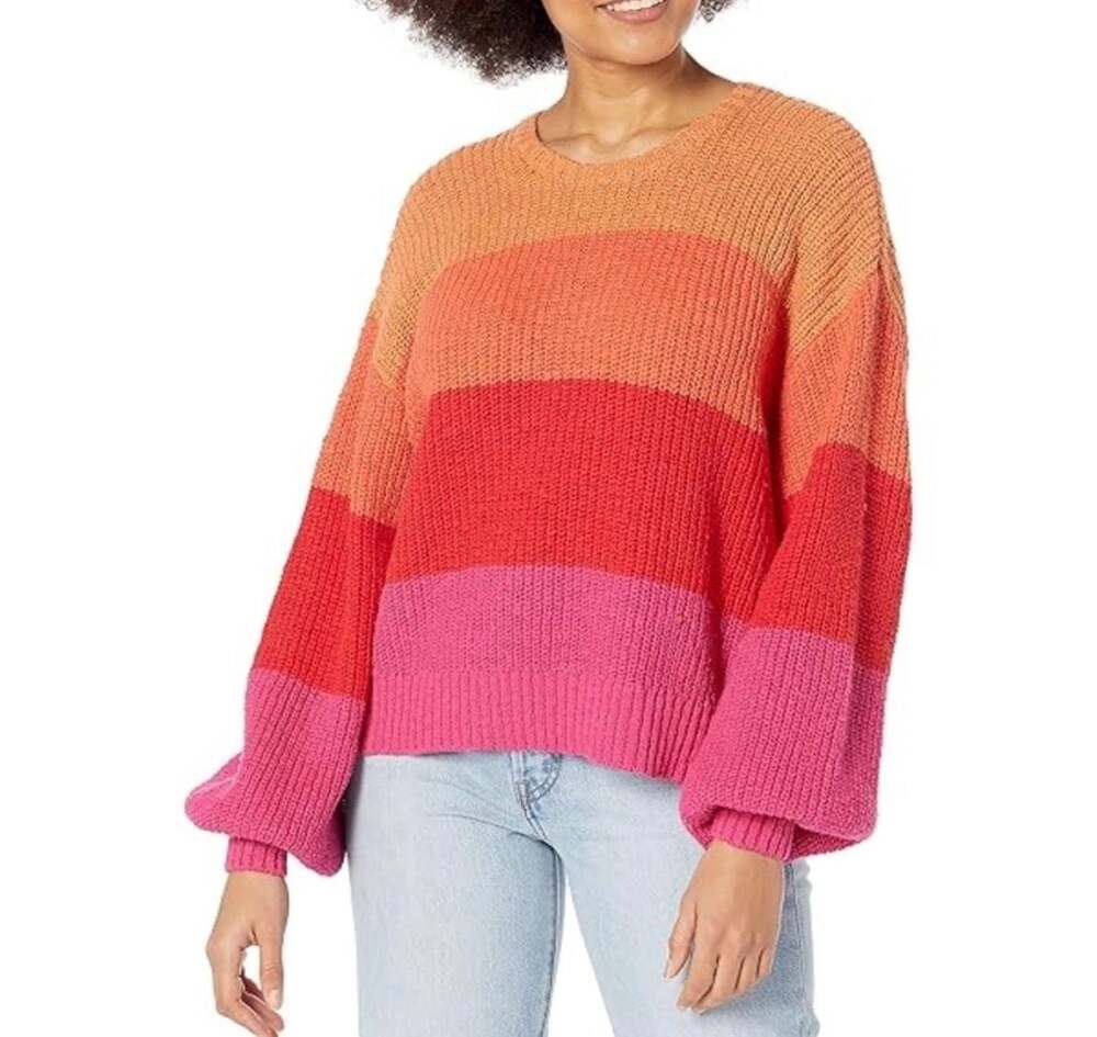 Show Me Your Mumu Pismo Striped Crop Knit Sweater in Orange Red Pink